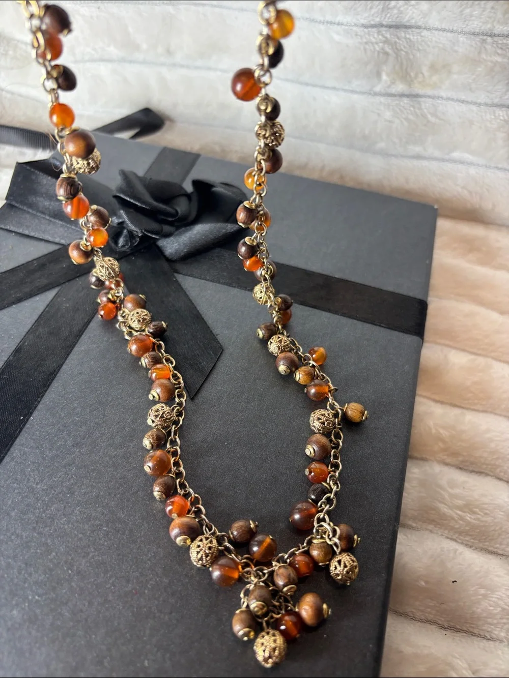 36” Multi-Strand Brown and Amber Bead Necklace